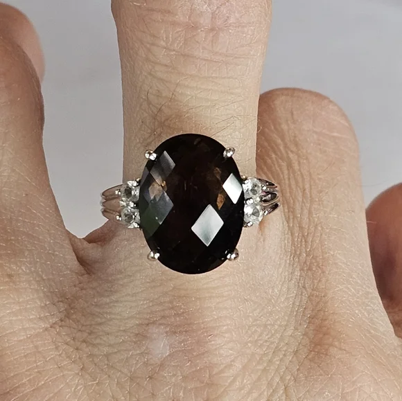Genuine Smoky Brown Topaz & White Topaz Ring  in Sterling Silver Size 7! - Picture 7 of 7